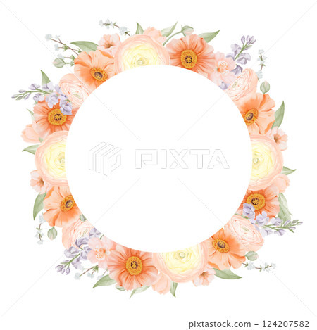 Circle frame with Spring Flowers in pastel colors. Ranunculus, Iceland Poppies, Freesia, Peach or Cherry and Snow Willow Branches. Hand painted botanical illustration isolated on a white background Circle frame with Spring Flowers in pastel colors. Ranunculus, Iceland Poppies, Freesia, Peach or Cherry and Snow Willow Branches. Hand painted botanical illustration isolated on a white background 124207582