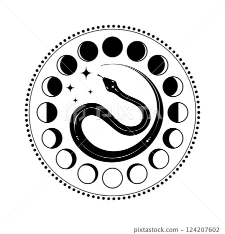 Moon phases astronomy and Mystical snake, lunar cycle, full moon, waning, waxing, first quarter, gibbous, crescent, third quarter. Boho style, vector Illustration on white background Moon phases astronomy and Mystical snake, lunar cycle, full moon, waning, waxing, first quarter, gibbous, crescent, third quarter. Boho style, vector Illustration on white background 124207602