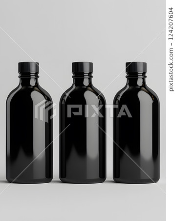 black cosmetic bottles on white background. front view. package for product design, mockup 124207604