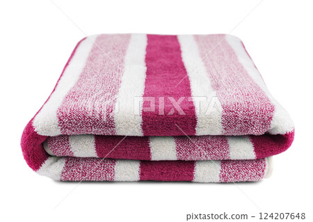 Carefully folded soft striped bath pink towel isolated on white background 124207648