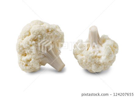 Two pieces, fragments, chopped branch of organinc fresh raw cauliflower isolated on white background 124207655