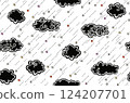 Black and white seamless pattern with clouds and rain of hearts 124207701