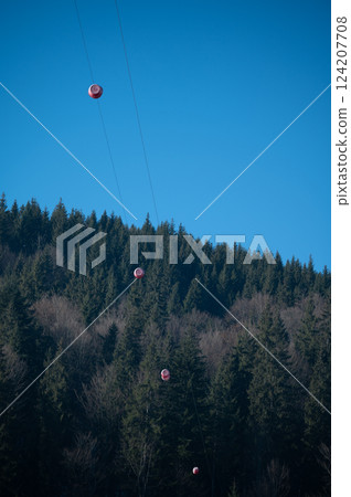 Suspended orbs gracefully traverse power lines above a dense forest on a clear winter day, showcasing nature's beauty intertwined with human ingenuity 124207708