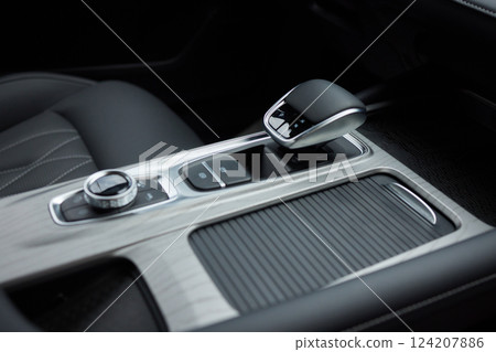 Selector automatic transmission with leather in the interior of a modern expensive car. The background is blurred. Black and brown leather car. Selector automatic transmission with leather in the interior of a modern expensive car. The background is blurred. Black and brown leather car. 124207886