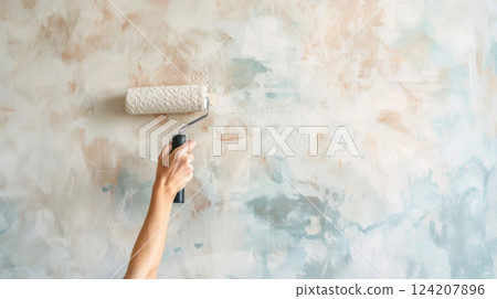 Hand painting a textured wall with a roller, creating a pastel decorative effect in beige, blue, and white tones. 124207896