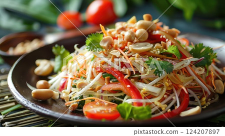 Fresh Thai salad with vegetables, peanuts, and herbs on a dark plate, featuring vibrant colors  124207897
