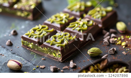 A chocolate bar with green pistachio pasta with pieces of nut filling inside. Dubai chocolate  124207898
