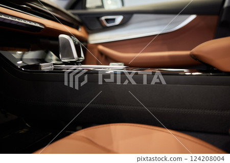 Selector automatic transmission with leather in the interior of a modern expensive car. The background is blurred. Black and brown leather car. Selector automatic transmission with leather in the interior of a modern expensive car. The background is blurred. Black and brown leather car. 124208004