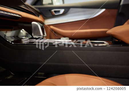 Selector automatic transmission with leather in the interior of a modern expensive car. The background is blurred. Black and brown leather car. Selector automatic transmission with leather in the interior of a modern expensive car. The background is blurred. Black and brown leather car. 124208005