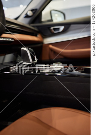 Selector automatic transmission with leather in the interior of a modern expensive car. The background is blurred. Black and brown leather car. 124208006