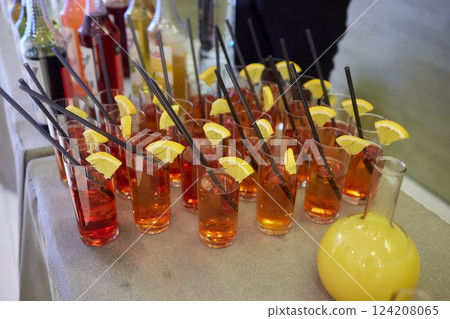 Set of cold snacks, canape, beverages, closeup Set of cold snacks, canape, beverages, closeup 124208065