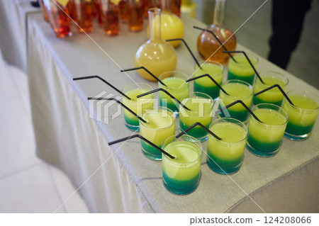 Set of cold snacks, canape, beverages, closeup 124208066