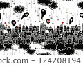 Love in the city. Seamless pattern with clouds and houses 124208194