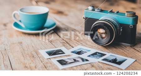 A retro film camera sits next to developed photos on a wooden table, evoking unplugged travel memories 124208234