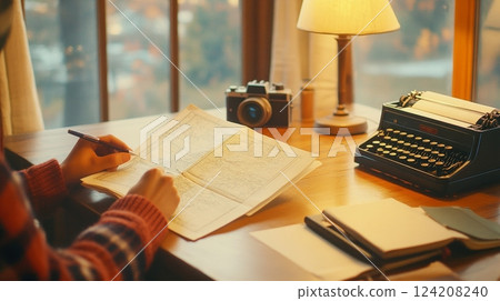 A traveler studies a paper map in a cozy retro hotel room, embracing tech-free exploration 124208240