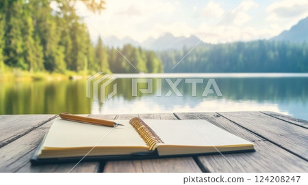 Travelers enjoy sketching beautiful landscapes by a peaceful lake in a serene, screen-free environment 124208247