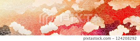 Modern packaging showcases Chinese motifs of clouds and dragons in vibrant red and gold colors 124208292