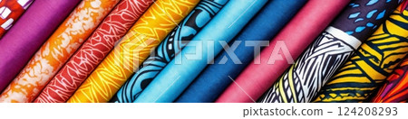 Close-up of vibrant cotton fabric with intricate patterns and colors, beautifully lit by sunlight 124208293