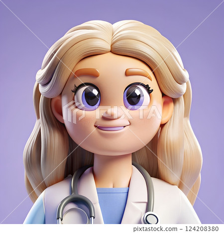 Stylized cartoon female doctor with blonde hair and stethoscope wearing white medical coat 3d illustration 124208380