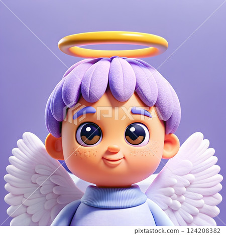 Cute stylized angel with white wings and halo, 3d illustration, soft pastel colors 124208382