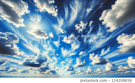 A spectacular sky with moving clouds and a shining sun 124208656