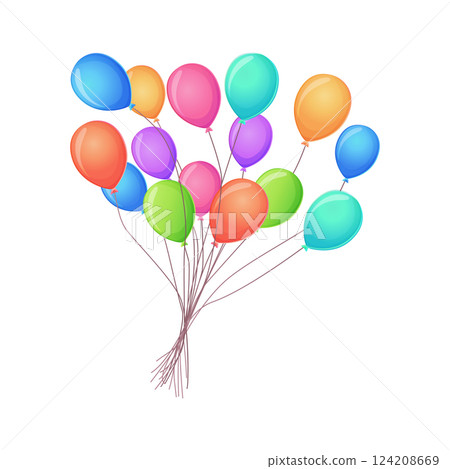 A medium-sized cluster of vibrant helium balloons, ideal for birthday invitations, festive graphics, and party themes. Isolated on a white background. 124208669