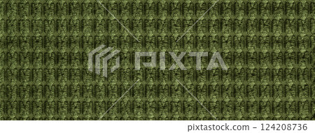 Texture dark green fluffy fabric background with rhomboid pattern, macro. Abstract backdrop from olive woven textile 124208736