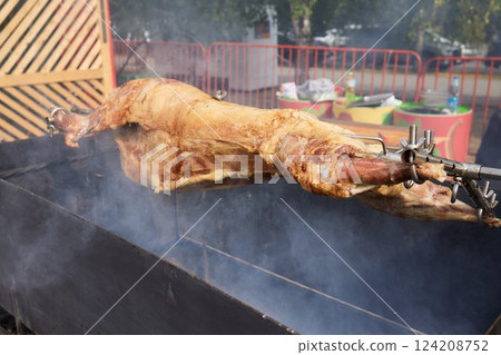 Lamb on skewer grilled using hot charcoal 124208752