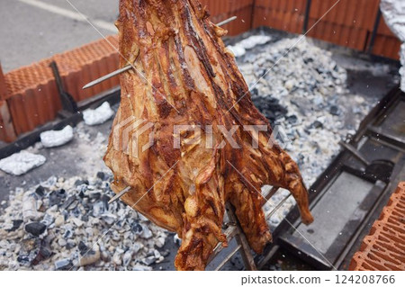 Lamb on skewer grilled using hot charcoal 124208766