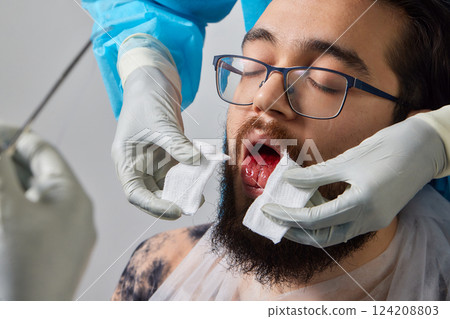 tongue splitting. cutting the tongue, one type of modification of the human body. surgery concept. 124208803