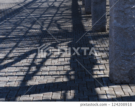 Pillars and their fantastic shadows reflected on the stone pavement Pillars and their fantastic shadows reflected on the stone pavement 124208918