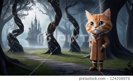 mysterious cat in fantasy cloak standing in enchanted forest for use in mystical artwork and storytelling visuals mysterious cat in fantasy cloak standing in enchanted forest for use in mystical artwork and storytelling visuals 124208978