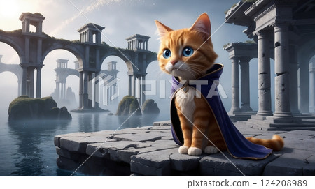 mysterious cat in fantasy cloak standing among floating ancient ruins for use in mystical and fantasy themed illustrations mysterious cat in fantasy cloak standing among floating ancient ruins for use in mystical and fantasy themed illustrations 124208989