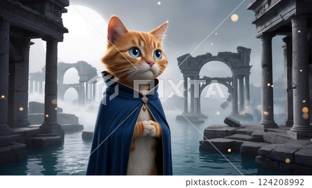 fantasy cloaked feline wandering through the ruins of a forgotten civilization for use in atmospheric concept art 124208992