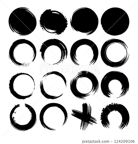 Set of hand-painted ink circles with rough edges. Ideal for digital design, logos, and artistic compositions. 124209106