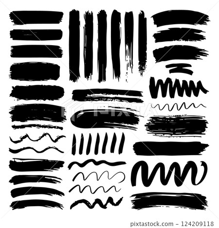 Collection of hand-drawn ink brush textures with various lines, waves, and artistic strokes. Great for design and creative projects. 124209118