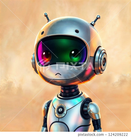 adorable android with earthy tones transforming into surreal colors in digital fantasy landscape for use in futuristic design, technology concepts, and sci fi illustrations 124209222