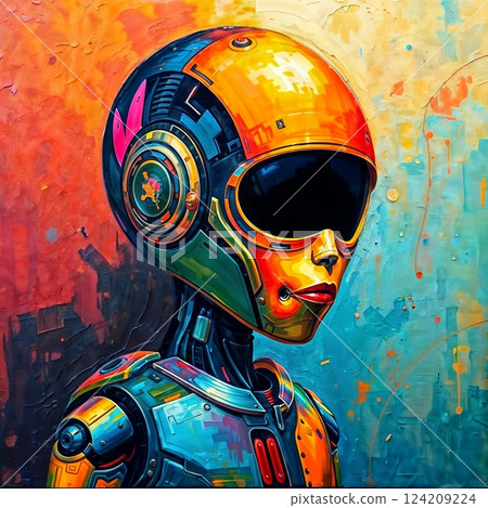 kaleidoscopic android with metallic body shimmering in warm earthy tones and vibrant colors in a fantasy landscape for use in digital art, futuristic concepts, and technology illustrations 124209224