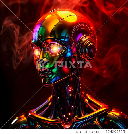 kaleidoscopic android with metallic body transforming into vivid surreal forms in digital fantasy landscape with warm tones for use in futuristic design, sci fi art, and technology concepts kaleidoscopic android with metallic body transforming into vivid surreal forms in digital fantasy landscape with warm tones for use in futuristic design, sci fi art, and technology concepts 124209225