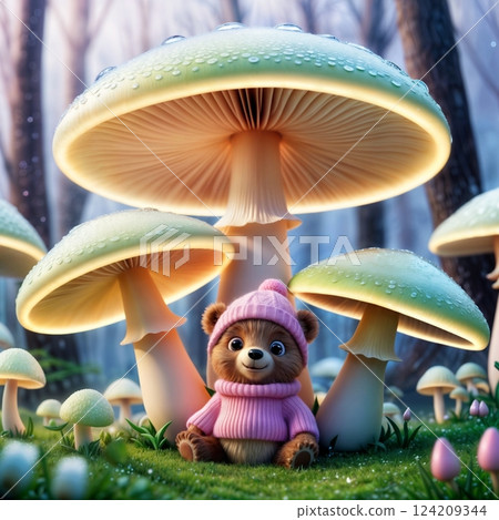 whimsical fantasy landscape with glowing mushrooms and a small bear for use in fantasy stories, children's art, or nature based branding 124209344