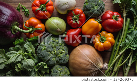 Assortment of fresh fruits and vegetables 124209373
