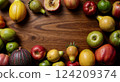 Fruits on a wooden table top view 124209374