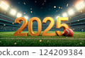 Stadium field with number 2025. The concept of celebrating the new year. and competition. 124209384