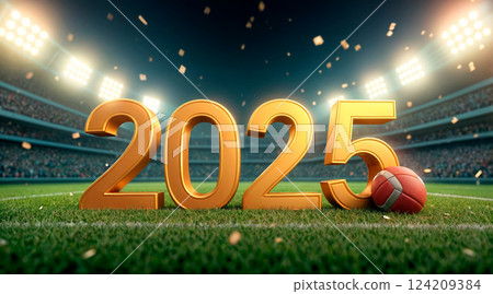 Stadium field with number 2025. The concept of celebrating the new year. and competition. Stadium field with number 2025. The concept of celebrating the new year. and competition. 124209384