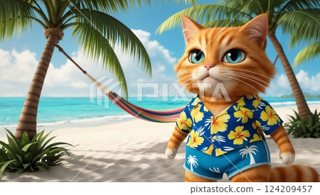 playful cat on tropical island beach with blue ocean and palm trees for use in resort and travel promotions 124209457