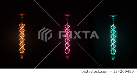 Retro looking light bulb glowing on dark background, bright wire visible in glass - colour can be changed with hue / saturation tool 124209490