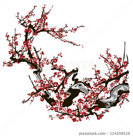 Realistic Sakura Blossom - Japanese Cherry Tree. Artistic Branch Plum Blossom. Vector Realistic Sakura Blossom - Japanese Cherry Tree. Artistic Branch Plum Blossom. Vector 124209529