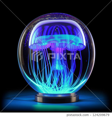 Beautiful neon desk lamp. Creative design of neon light table lamp in the form of jellyfish. AI generated. 124209679