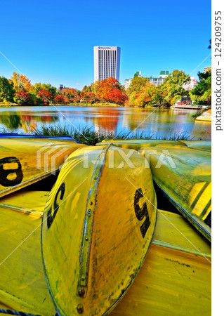 Boats and autumn leaves at Nakajima Park in Sapporo 124209755