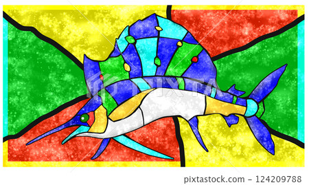 Colorful tiled cutout illustration of a saltwater fish, sailfish, with background Colorful tiled cutout illustration of a saltwater fish, sailfish, with background 124209788